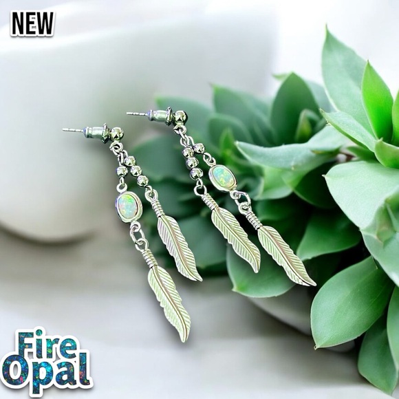 New Elegant Fire Opal Silver Leafs Dangle Earrings - Picture 3 of 7